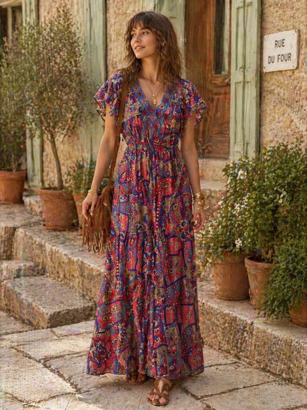 100% Silk Boho Maxi Dress Paisley Flutter Sleeve Cottagecore Wedding Guest